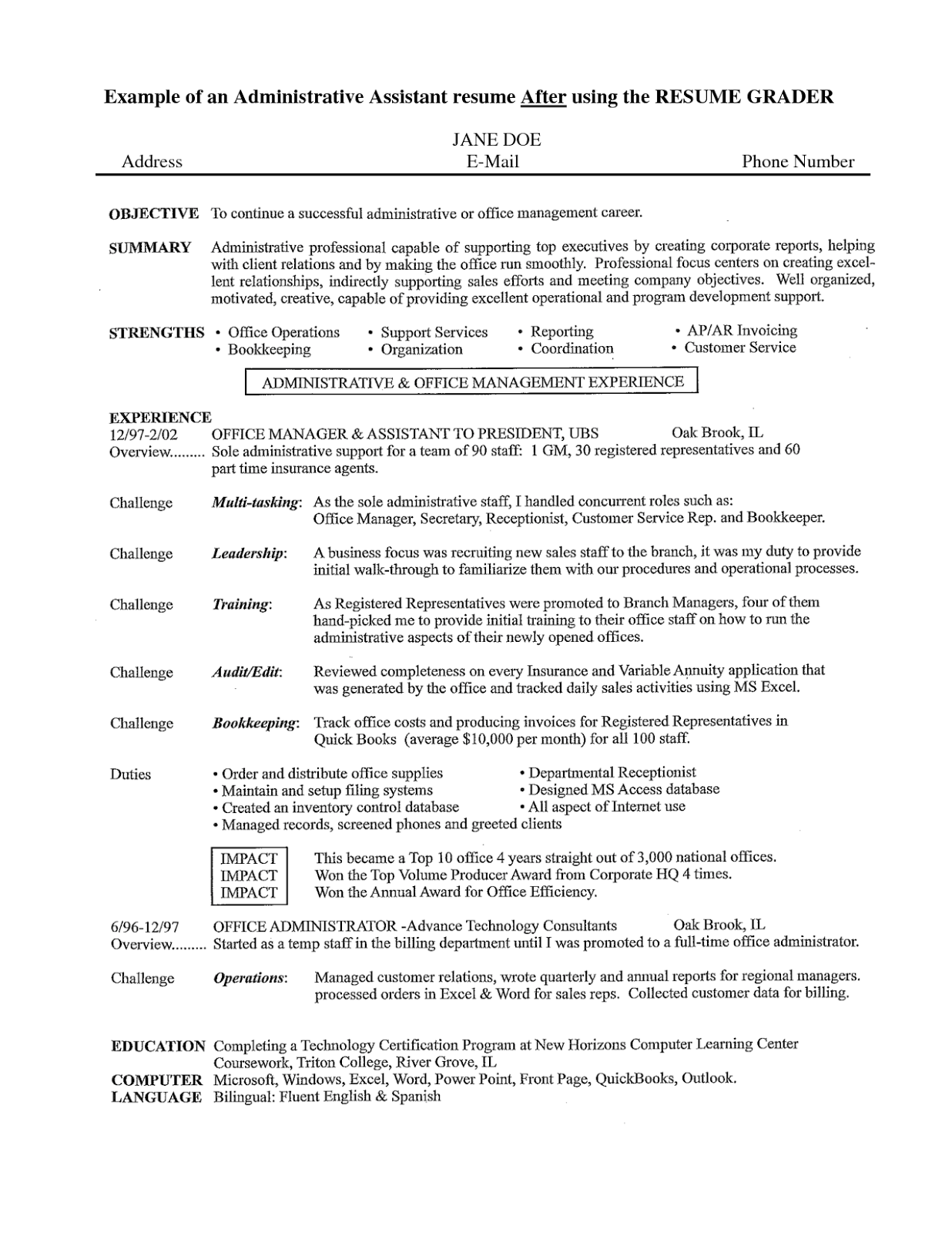 Sample resume of administration executive